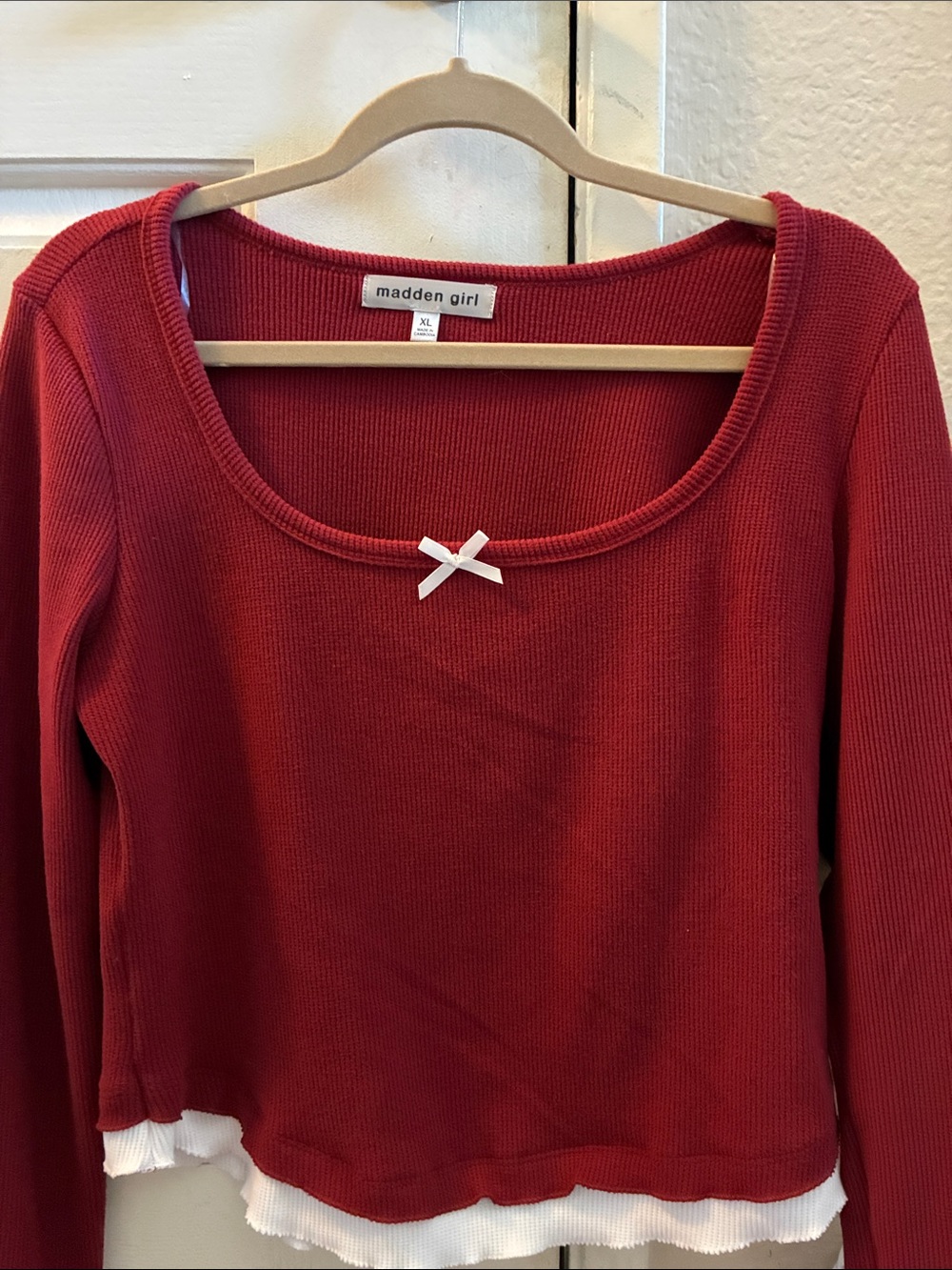 Madden Girl Red Ribbed Scoop-Neck Top with White Trim
